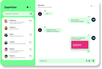 Interface do aplicativo Zapmizer com lista de conversas à esquerda e uma conversa com Brenda à direita, onde ela pede o catálogo de produtos e recebe um link.