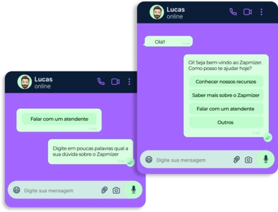 Interface do aplicativo Zapmizer com uma conversa entre Lucas e um atendimento automatizado, oferecendo opções de ajuda e solicitando uma descrição da dúvida.